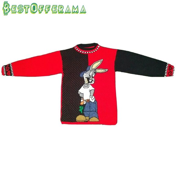 Warner Bros. Sweaters - 1996 Vintage Bugs Bunny Ugly Christmas Sweater Looney Tunes Black Red Hearts VTG